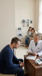 Exhausted male patient during a confidential medical consultation in a private clinic, with family members waiting in the background