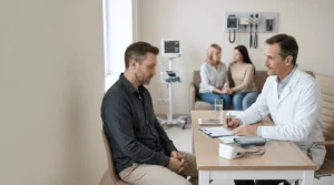 Exhausted male patient during a confidential medical consultation in a private clinic, with family members waiting in the background